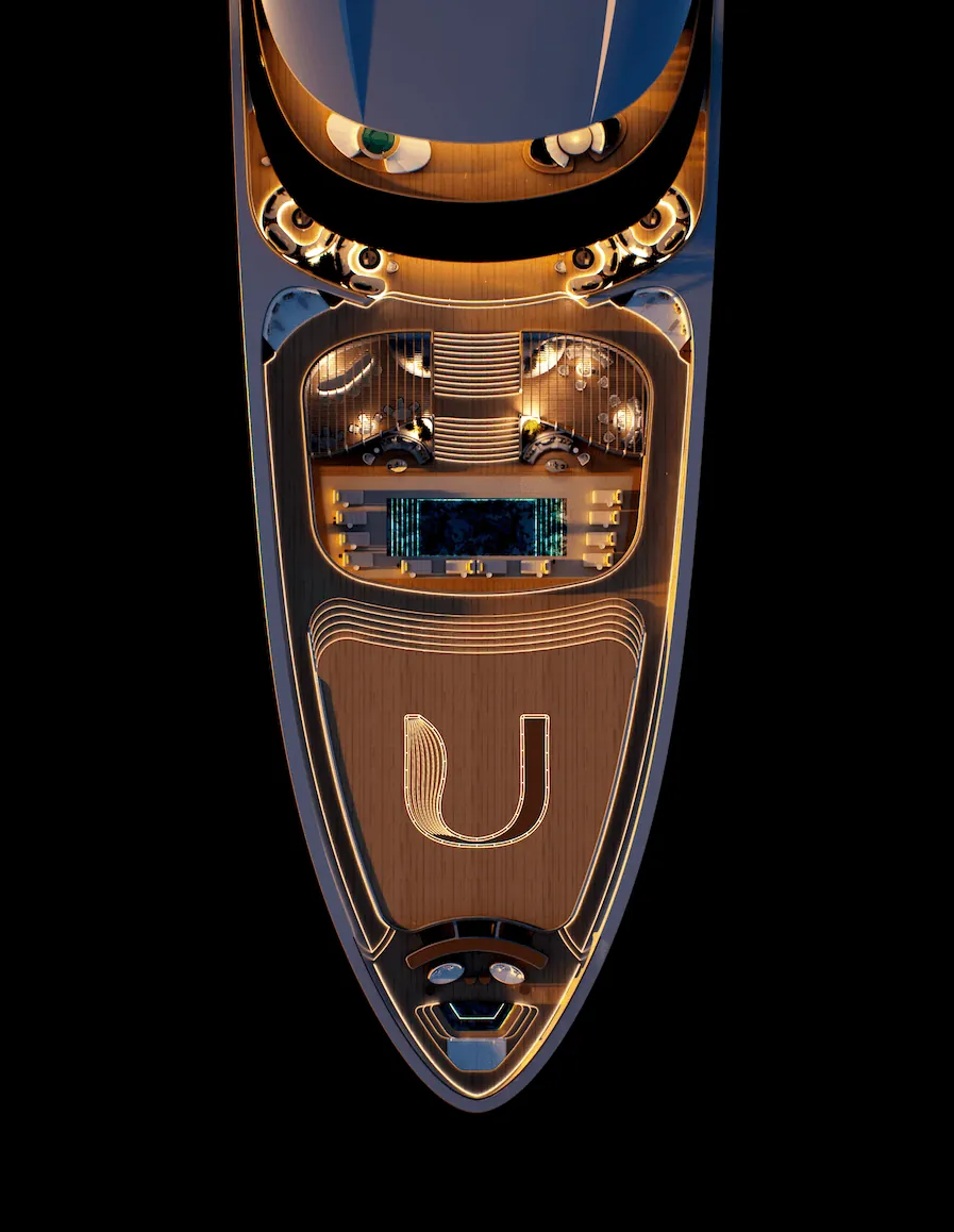 The bow of the ULYSSIA seen from above with pool and lounges, rendering from the Chenot announcement