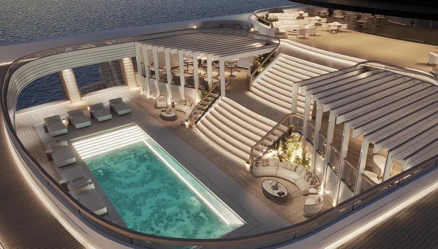 Pool deck of the ULYSSIA with loungers and pergolas at dusk, rendering from the Chenot announcement