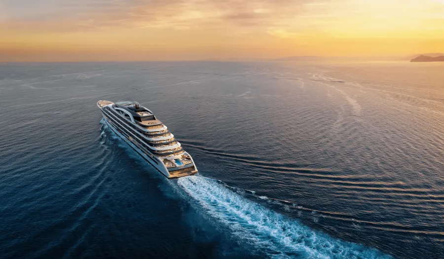 ULYSSIA, the residential yacht with a Chenot health facility, at sea at sunset, rendering