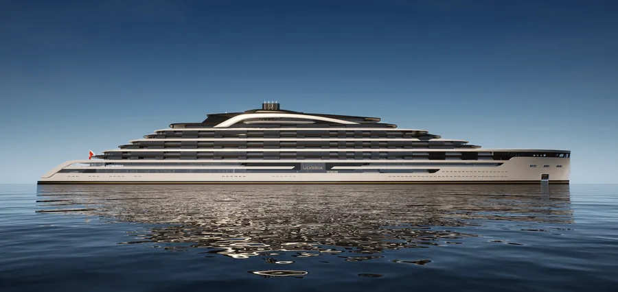 Side view of the 320 metre ULYSSIA with its Chenot health and longevity facility of 1,900 square metres, rendering