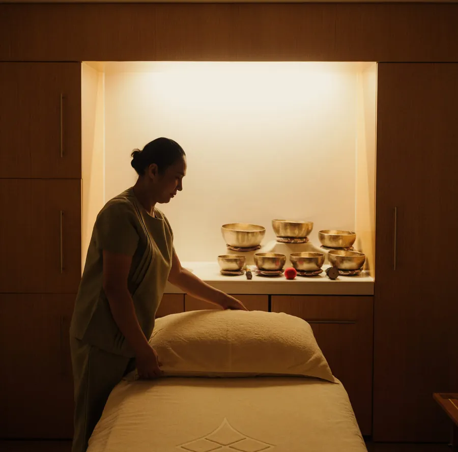 A therapist prepares a treatment room with singing bowls at Chiva-Som Hua Hin